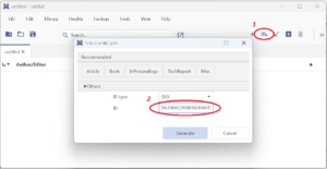 Okno programu JabRef z otwartym okienkiem dodawania nowej publikacji do pliku bib
